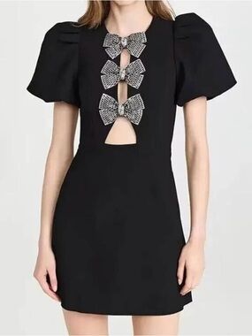 Black Puff Sleeve Mini Dress with Embellished Bows